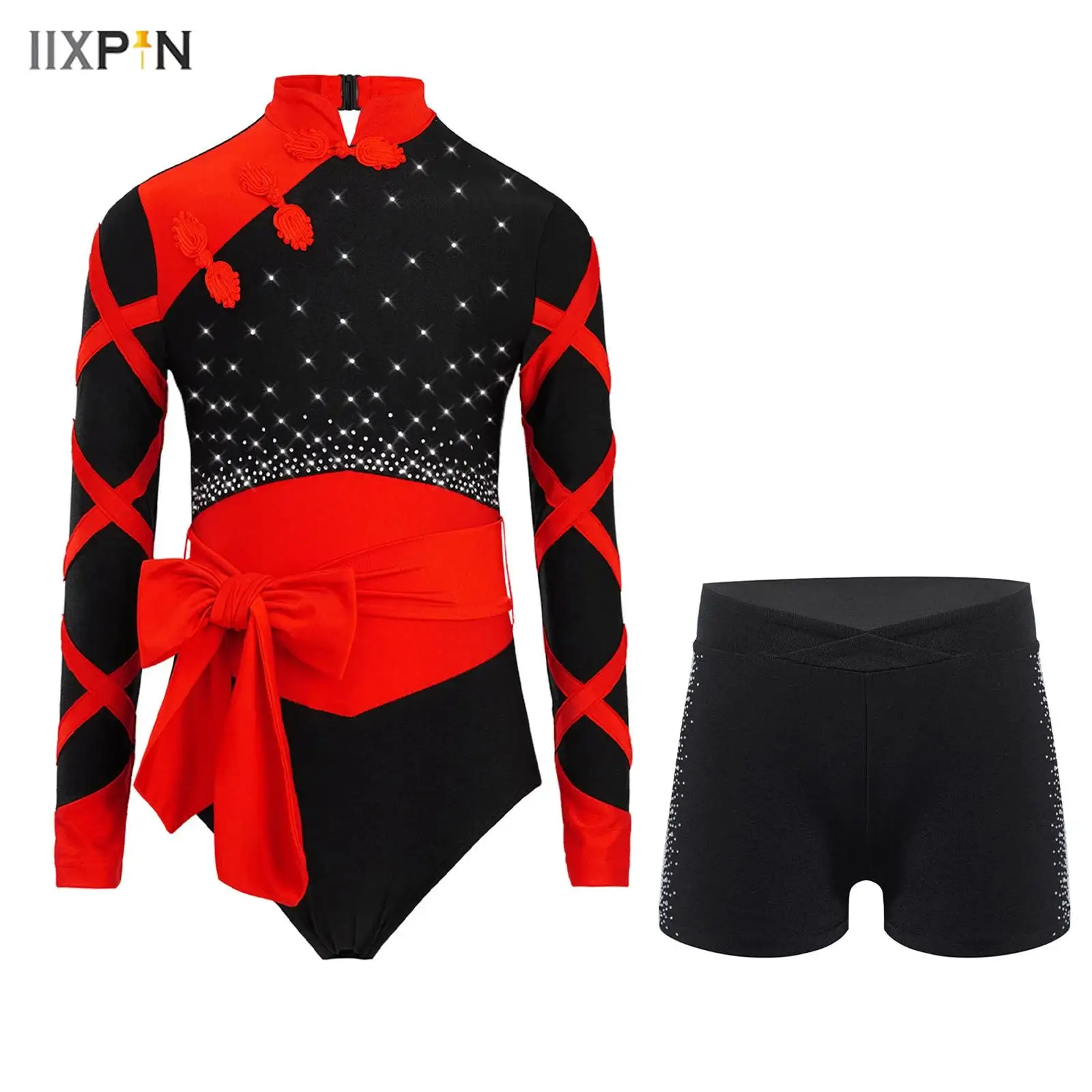 

Kids Girls Acrobatic Gymnastics Outfit Chinese Style Knot Button Mandarin Collar Long Sleeve Color Block Leotard+Belt+Shorts Set