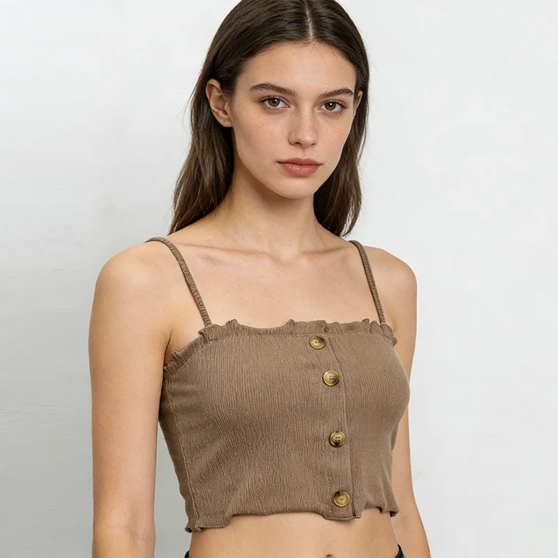 Sommer frauen Baumwolle Strappy Top Einfarbig Ärmel Bodycon Sexy Bauchnabel Mit Knöpfen Stricken Tops Koreanische Harajuku Dame Bh