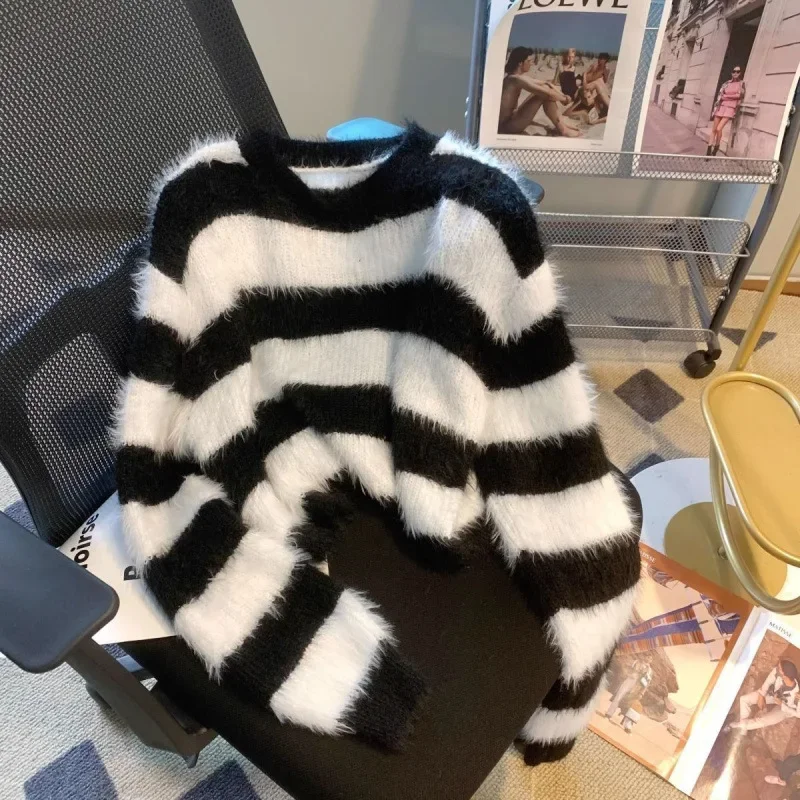 Black And White Striped Mink Sweater Women's Autumn/Winter Loose-Fit Long Sleeve Soft And Supple Knitted Top Petite Top