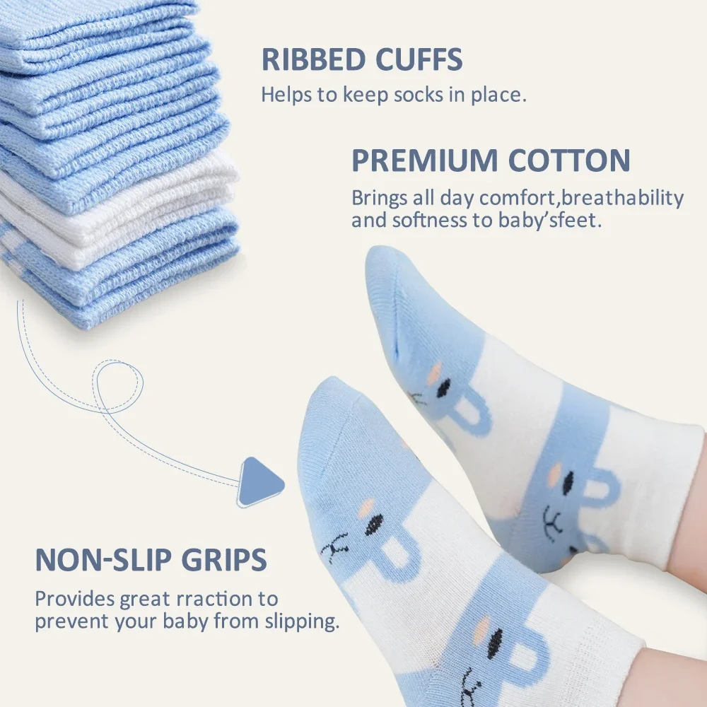 5Pairs Kids Cartoon Mid Tube Socks  Blue Rabbit Pattern Cotton Round Neck Cute Sock Casual Breathable Unisex Baby Socks 0-8Years