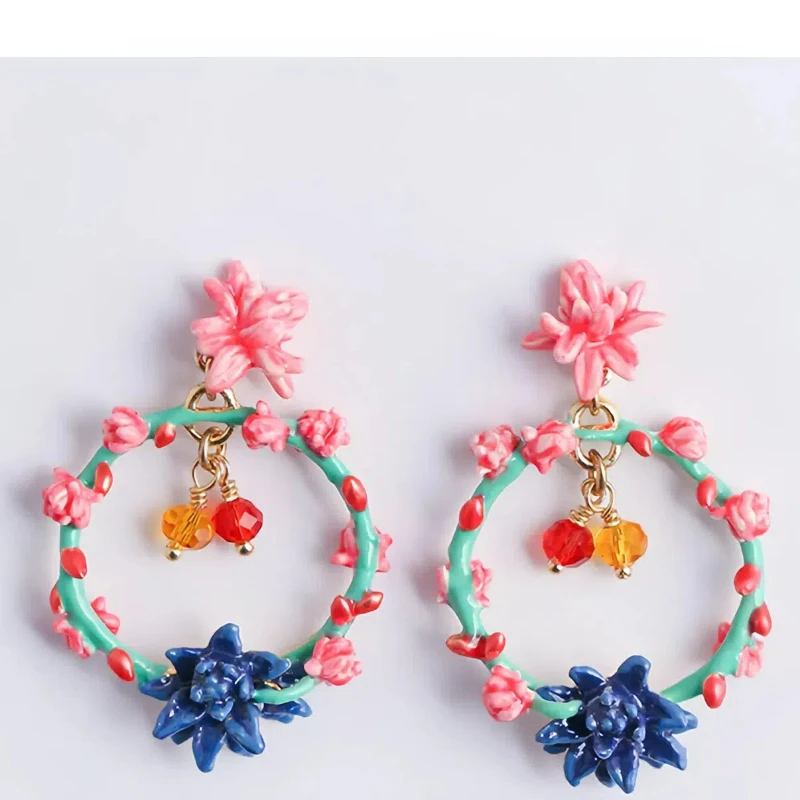 

Trendy Retro French Niche Design Fairy Style Forest Series Pink Flower Garland Hand-painted Blue Chrysanthemum Popular Earrings