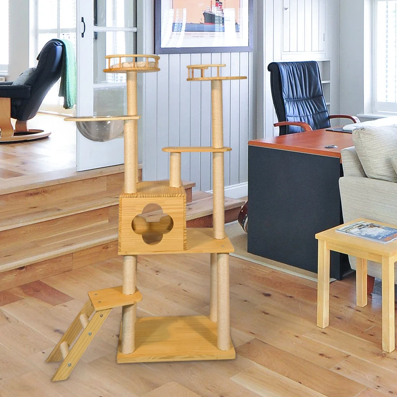

Luxury Small Size Light Yellow Modern Wooden Cat Tower House Eco-Friendly Scratcher Tree For Pets