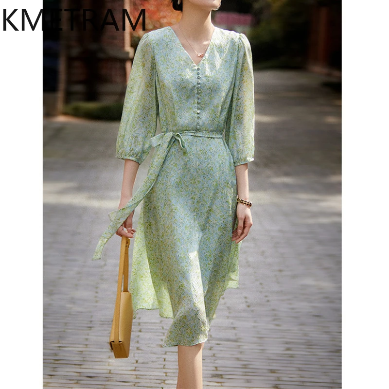 KMETRAM High-end Mulberry Silk Dress for Women 2024 Refreshing Lantern Sleeves Dresses Summer Mid-length Women's Clothing New