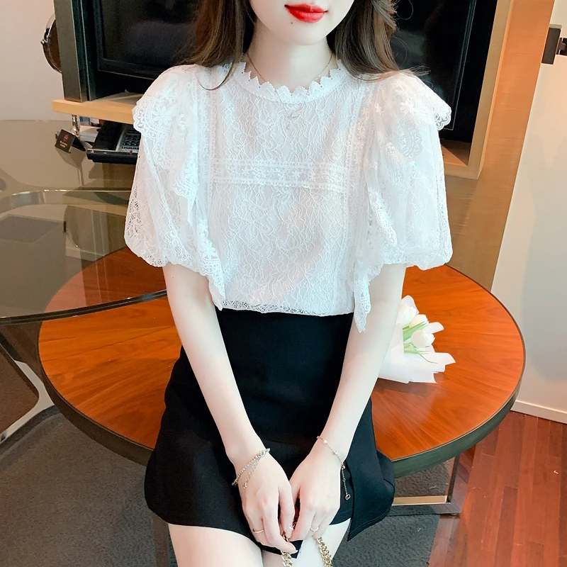 Summer Women Tops Short Sleeve Blouse Women Blusas Mujer De Moda 2024 Verano O-Neck Ruffles Lace Blouse Shirt Women Blouses G488