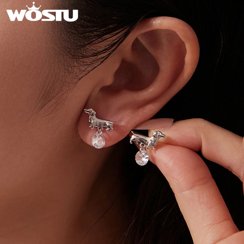 WOSTU Dachshund Dog Cat Stud Earrings With Zircon, White Gold Plated Pet Ear Studs s925 silver backs Hypoallergenic Jewelry Gift