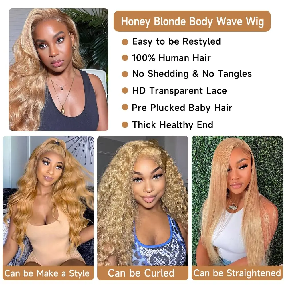 Honey Blonde Lace Front Wig Human Hair 13x6 Colored Body Wave Lace Front Wigs Raw Indian PrePlucked 180% 27# Blonde Lace Frontal