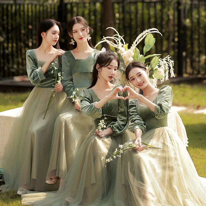 Korean Corduroy Lace Splicing Style Bridesmaid Dresses Summer New Green Evening Dresses Women's Fairy Long Sleeve Dress