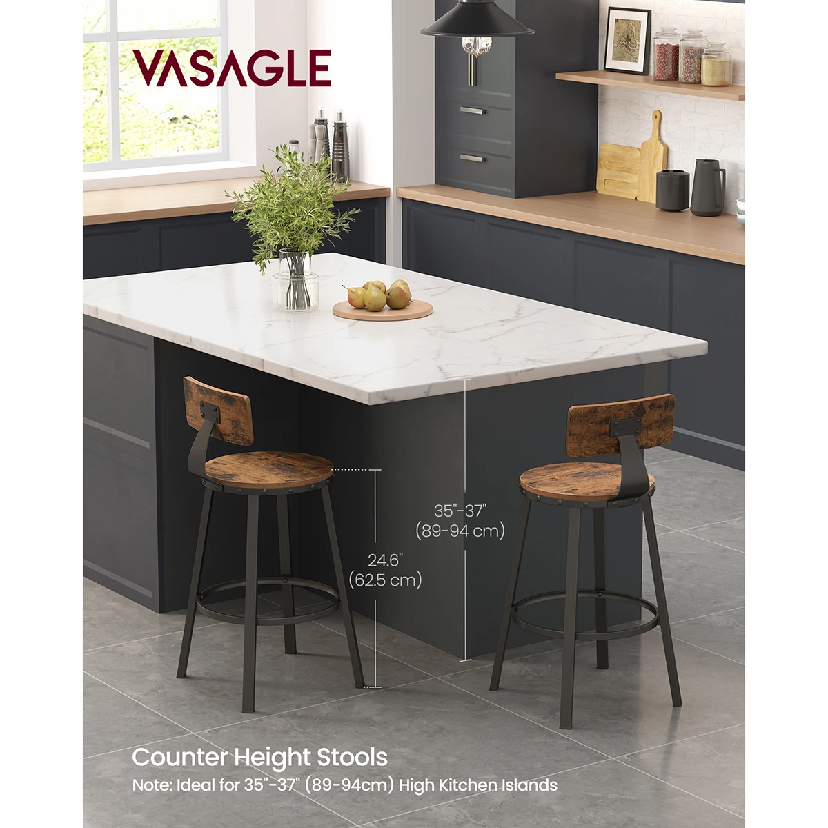 VASAGLE Bar Stools Set of 2, Kitchen Breakfast Bar Chairs, with Backrest, Steel Frame, 62.5 cm Tall Seat, Easy Assembly