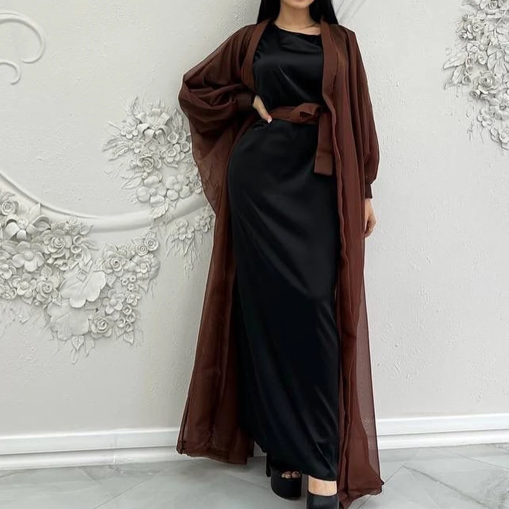 

Long Sleeves Satin O-neck Floor Length Straight Evening Dress Watteau Train Sashes Temperament Photo Color Saudi Arabia 2024