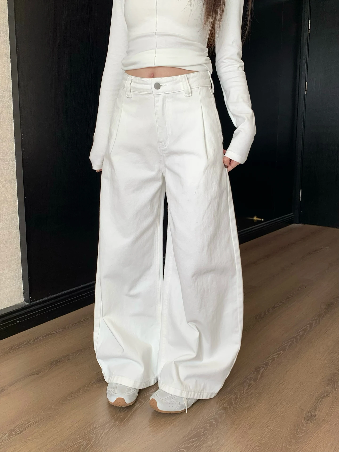 

Spring White Wide Leg Women's Jeans High Waist Straight Long Pants Knife Floor Length Loose Fit Casual Cotton Denim