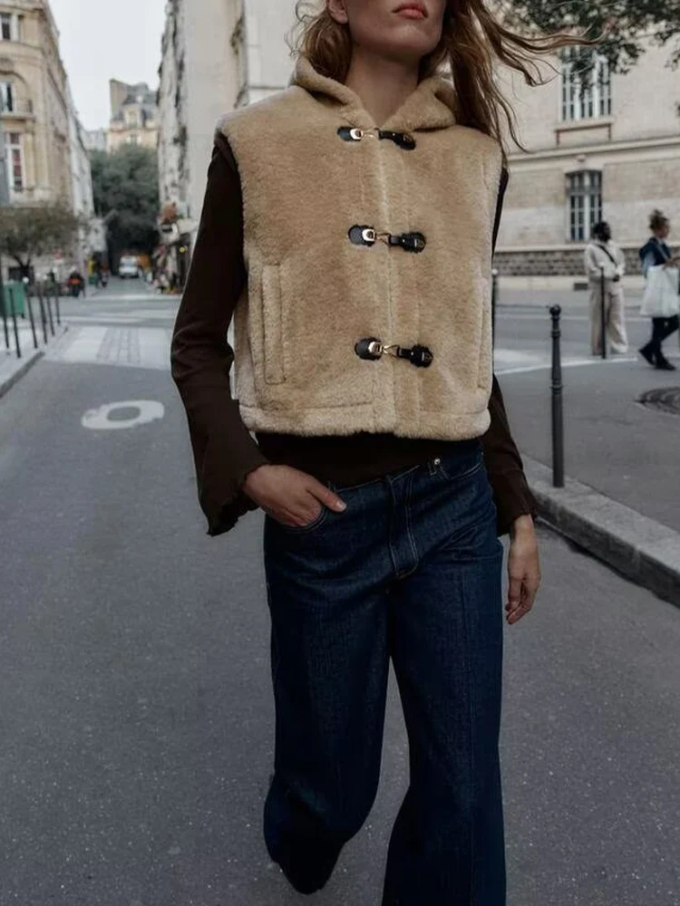 

Европейский и американский стиль, осень 2021, новинка, женская одежда, жилет с капюшоном и пряжкой из искусственного меха, куртка