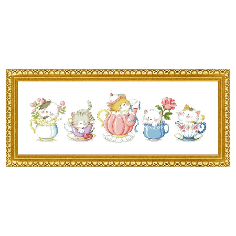 Наборы для вышивки крестиком с изображением чайной кошки, 18 карат, 14 карат, 11 карат, холст без рисунка, наборы для вышивки хлопковой нитью, набор для рукоделия