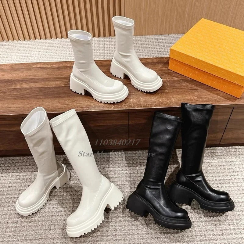 Women's New Platform Leather Waterproof Stretch Boots Sexy Round Toe Square Toe Slip On Autumn Winter Hot Chick Fashion Boots