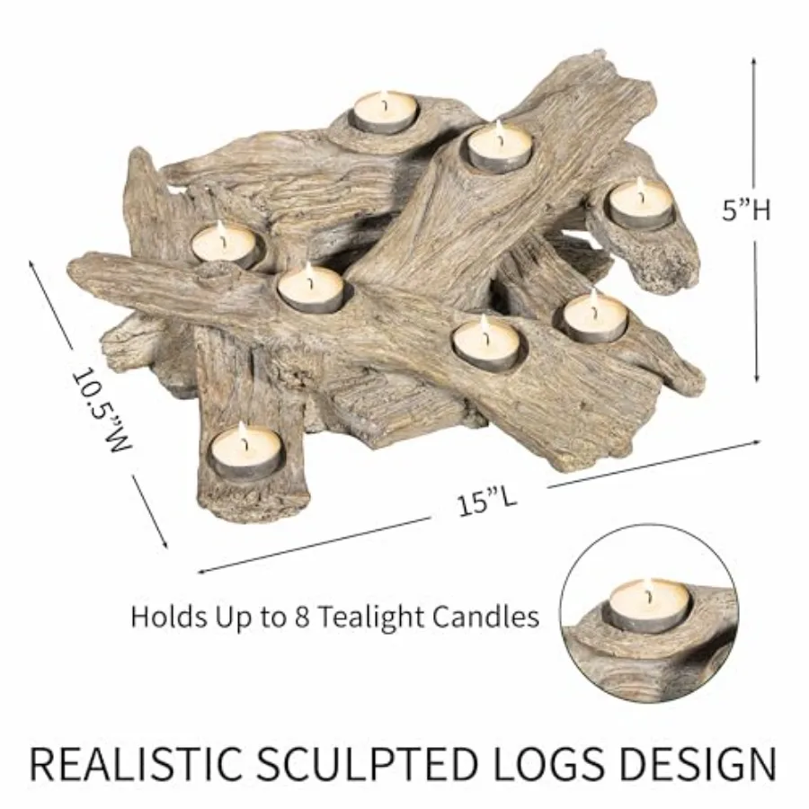 Faux Fireplace Candle Holder Resin Log Insert for Fireplace Decor Holds 8 Fireplace Candles for Inside Fireplace Coastal Beach