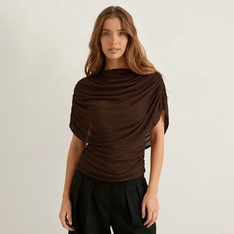 レディース ドレープショルダー シアーメッシュ ラッフルシャツ スリムフィット セクシー シアー シック ナイトアウト パーティートップス カジュアル トレンディ ソリッドカラー ブラウス