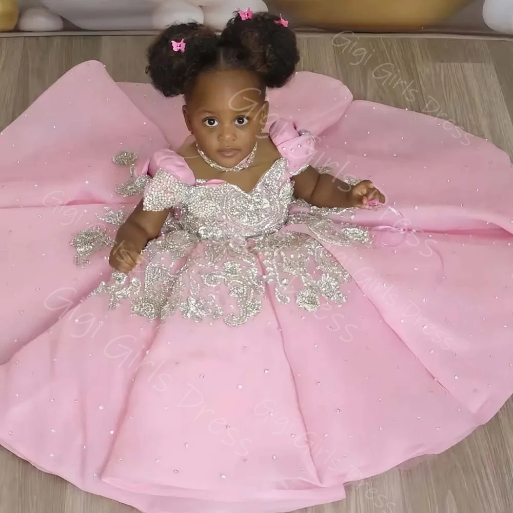 Girls Birthday Dress Glitter Beaded Appliques Ball Gown With Pearls Sheer Neck Cap Sleeves Flower GIrl Dress Custom Party Frock