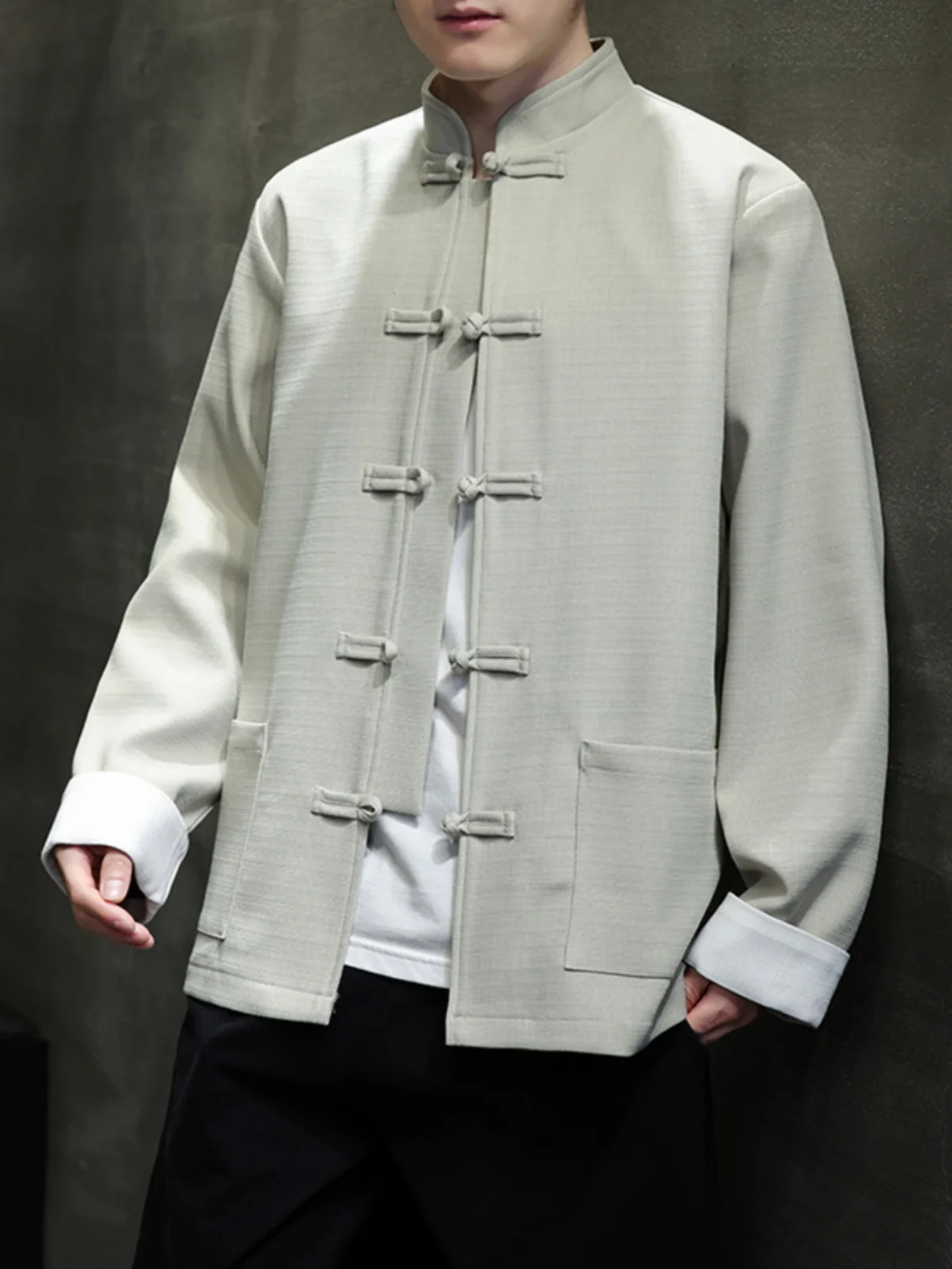 

New Chinese Sle Loose Men's Jaet Outerwear Bamboo Pattern Spring Autumn Faionable Casual Hanfu Clothing Button Decor