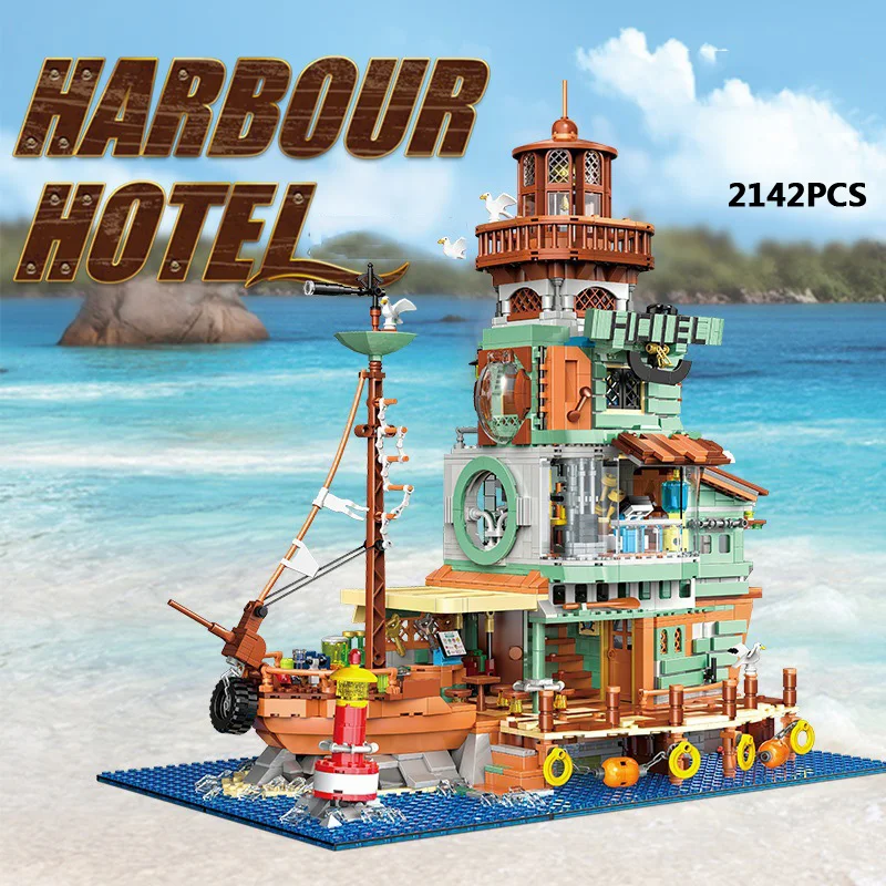 

Creative City Street View Mini Block Harbour Hotel MOC Building Bricks Fisher Figures Streetscape Toys Collection With Light