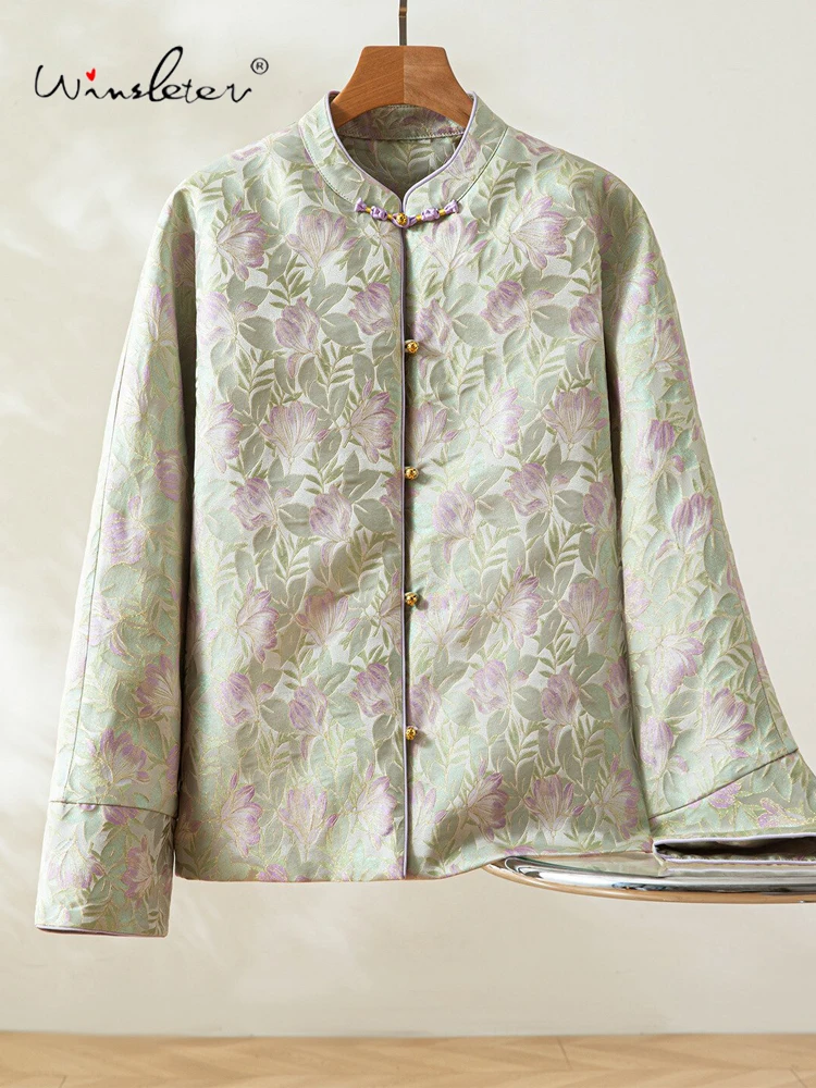 Winsleter – 100 % echter Seiden-Long-Brokat-eleganter Mantel, Stehen mit Blumenmuster, lockere Daunenjacke mit Temperament für Damen, 2025, Winterneu C5D963CC