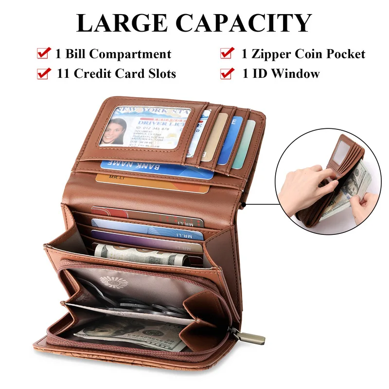 Western RFID Blocking Embossed PU Leather Three Floded Women Wallet Large Capacity Cluth for Ladies