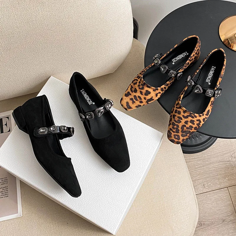 

Luxury Mary Jane Shoes Women Rhinestone Square Toe Chunky Heels Slip on Shallow Pump Vintage Zapatos De Mujer Leopard Black