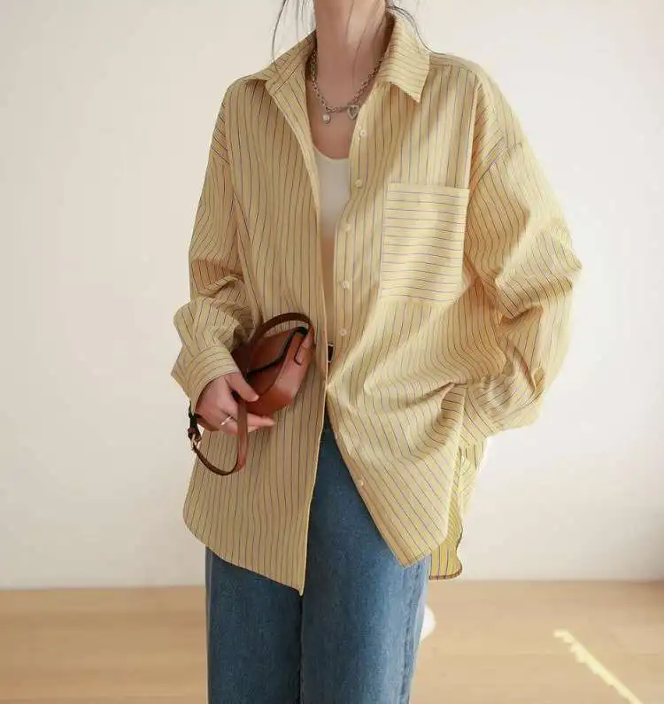 

Spring New Sle Women's Striped irt Casual Ne Long Sve Polyester Fiber 50cm-65cm Length Spring Faion Design