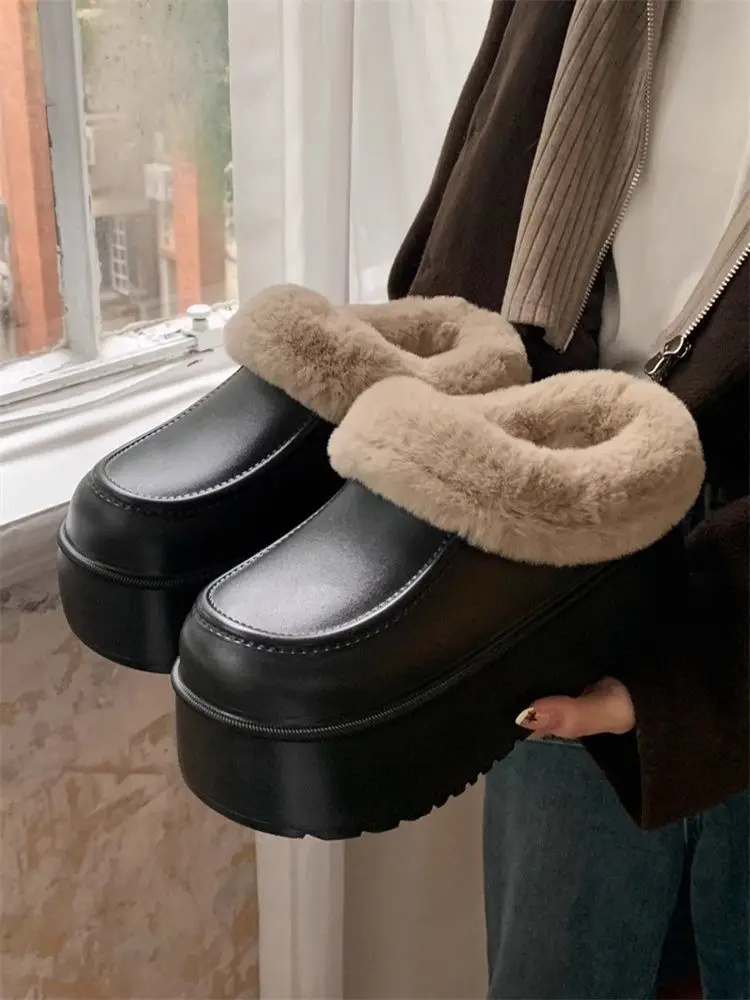 

Platform High heels fur sandals woman plush ankle boots wateproof fur mules clogs women's cotton shoes