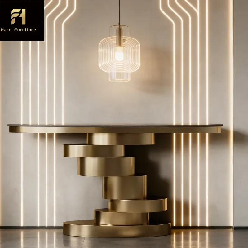 Modern Entryway Console Table Gold Stacked Stainless Steel Cylinders Sintered Stone Top Creative Living Room Furniture