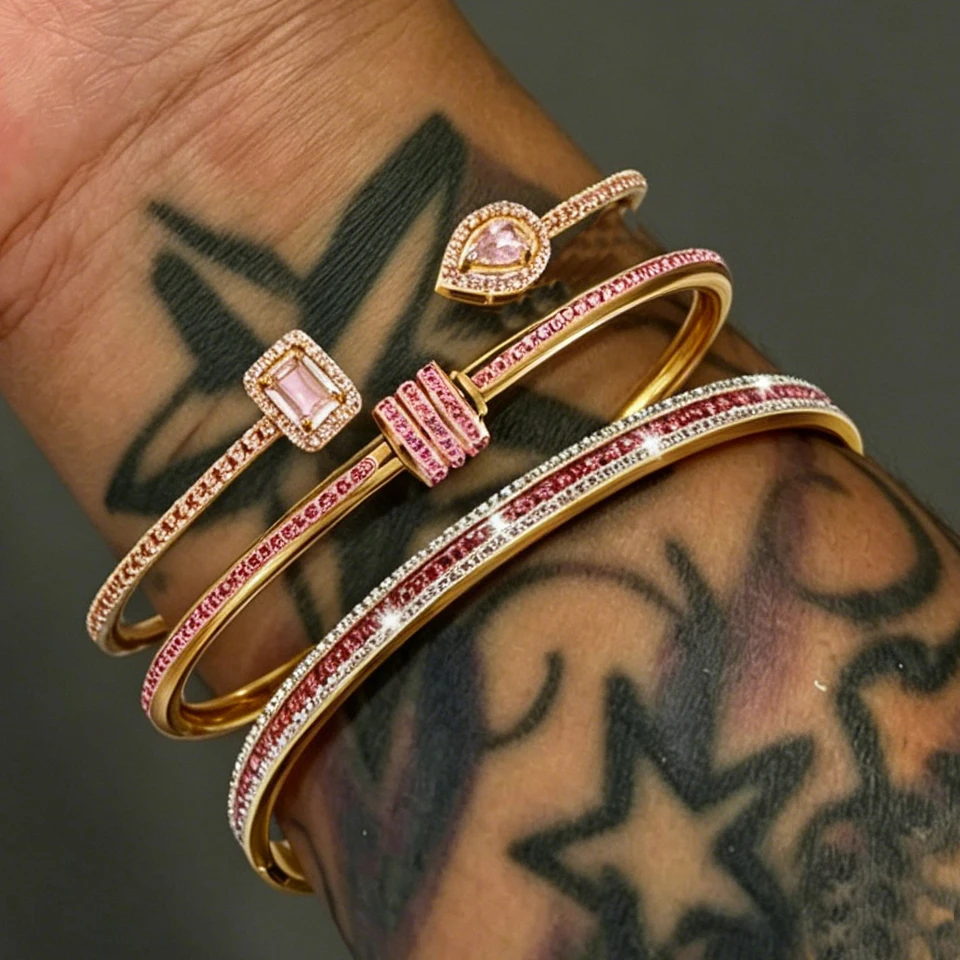 Yupsk 3pcs/set Shining White Pink Zircon Stainless Steel Stackable Bracelets Geometric Crystal CZ Waterproof Jewelry