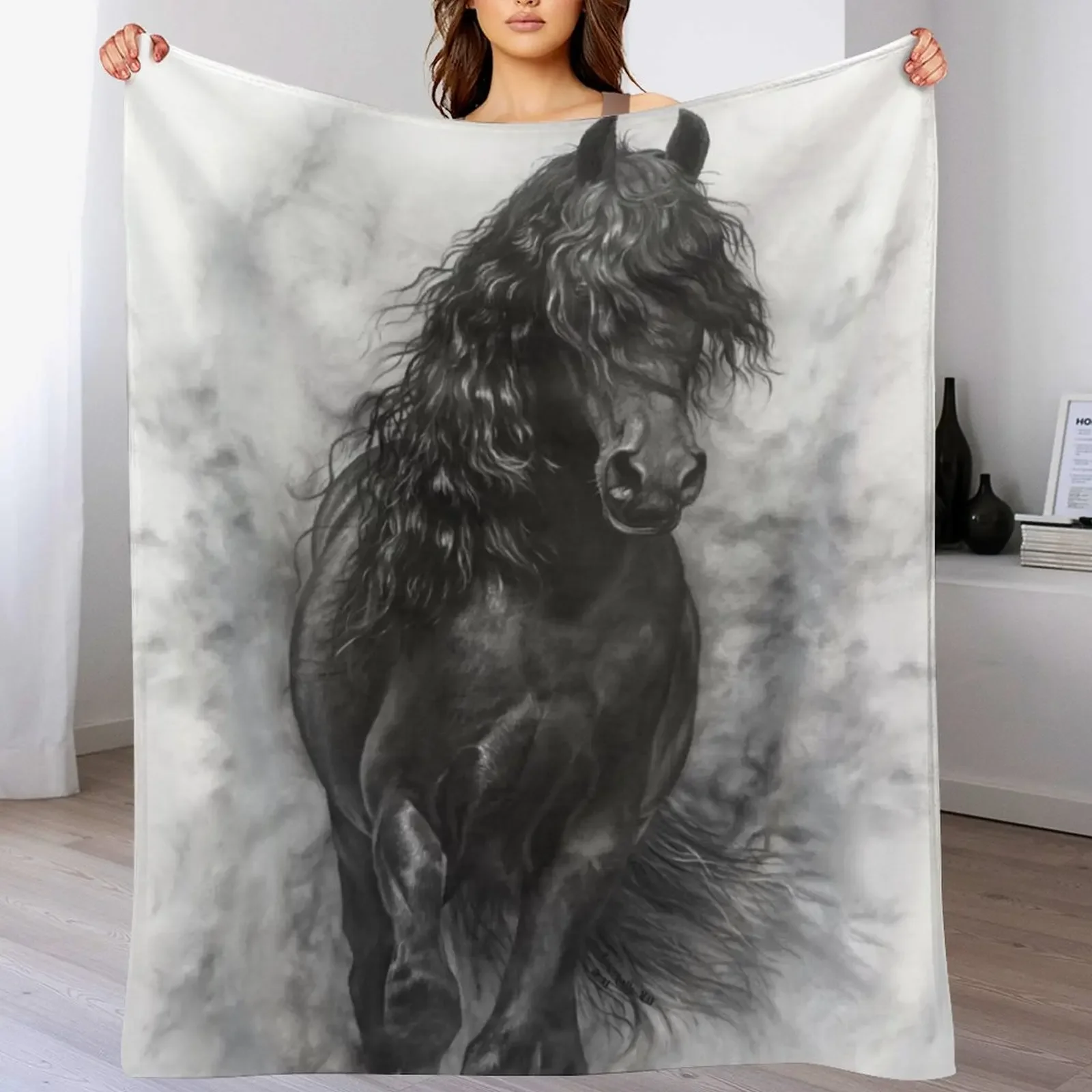 Black stallion in the mist Throw Blanket Luxury Designer blankets and throws Winter beds Decorative Throw Blankets