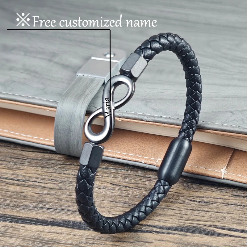 Personalized Black Leather Men Bracelet Custom Engraving Stainless Steel Infinity Charm Magnetic Father's Day Clasp Gift for Him