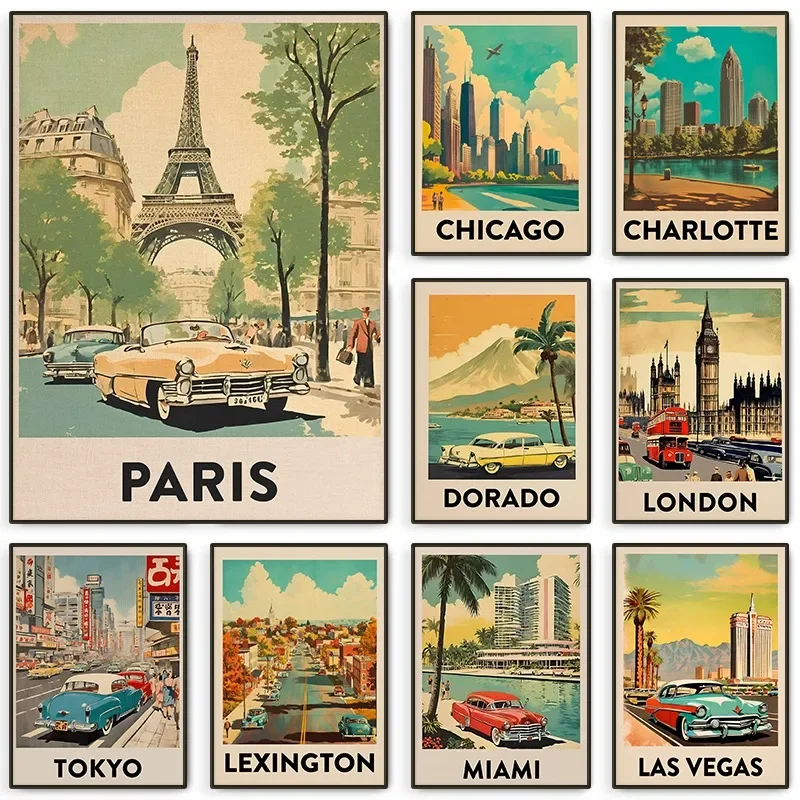 Retro Mid-Century City Bus Vacation Travel Landscape Poster London Paris Tokyo Chicago Canvas Painting Wall Art Room Home Decor