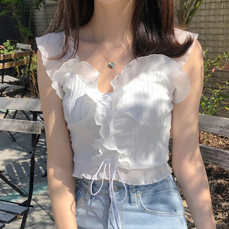 Lace Patchwork Women Crop Top White Cute Sweet Mini Vest Basic Casual Summer Backless Tank Tops