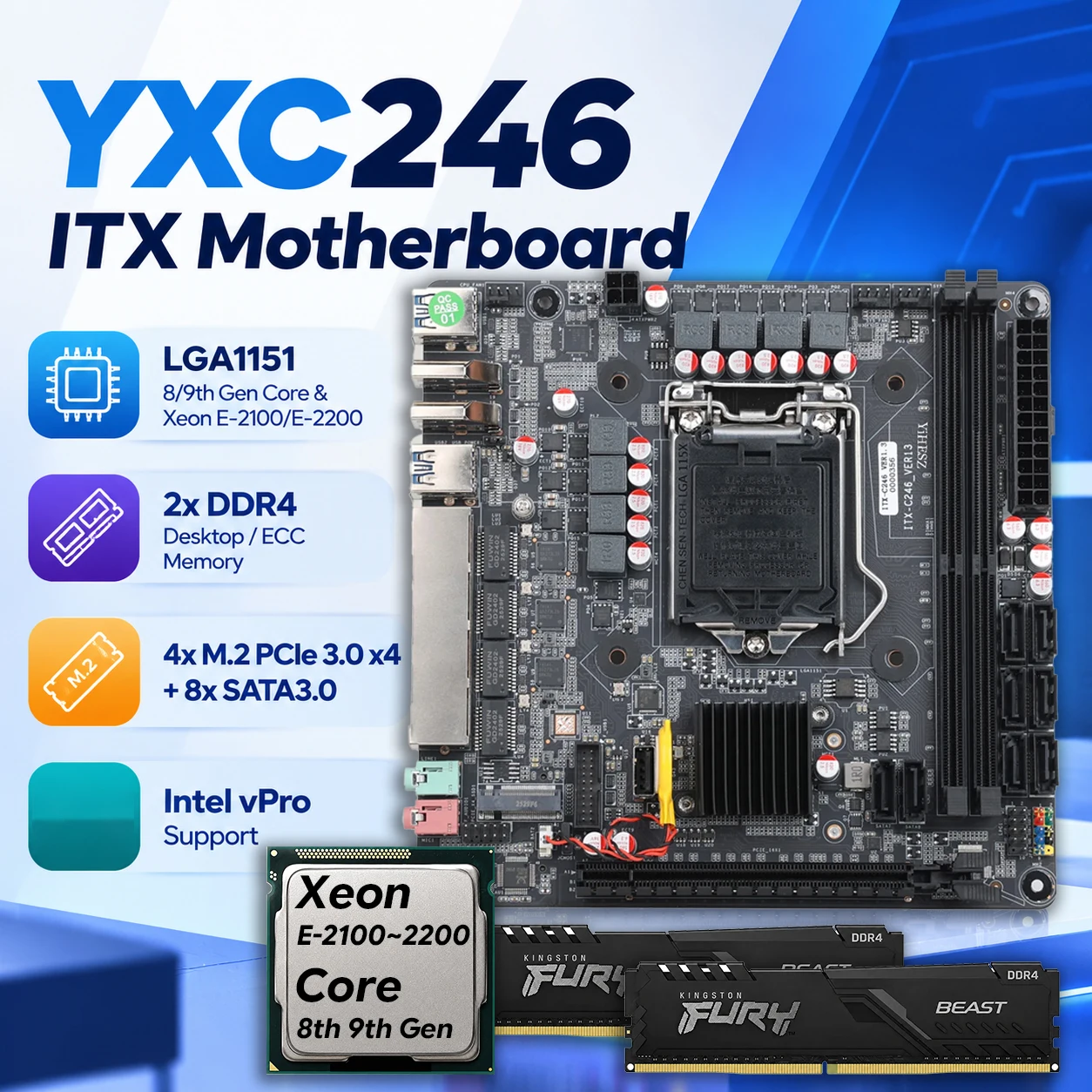 8-Bays YX-C246 Mini Vpro NAS Motherboard 8 SATA 4 LAN 2xDDR4 3xM.2 PCIe x16 LGA1151 Support E-2100 E-2200 8th 9th Gen Core