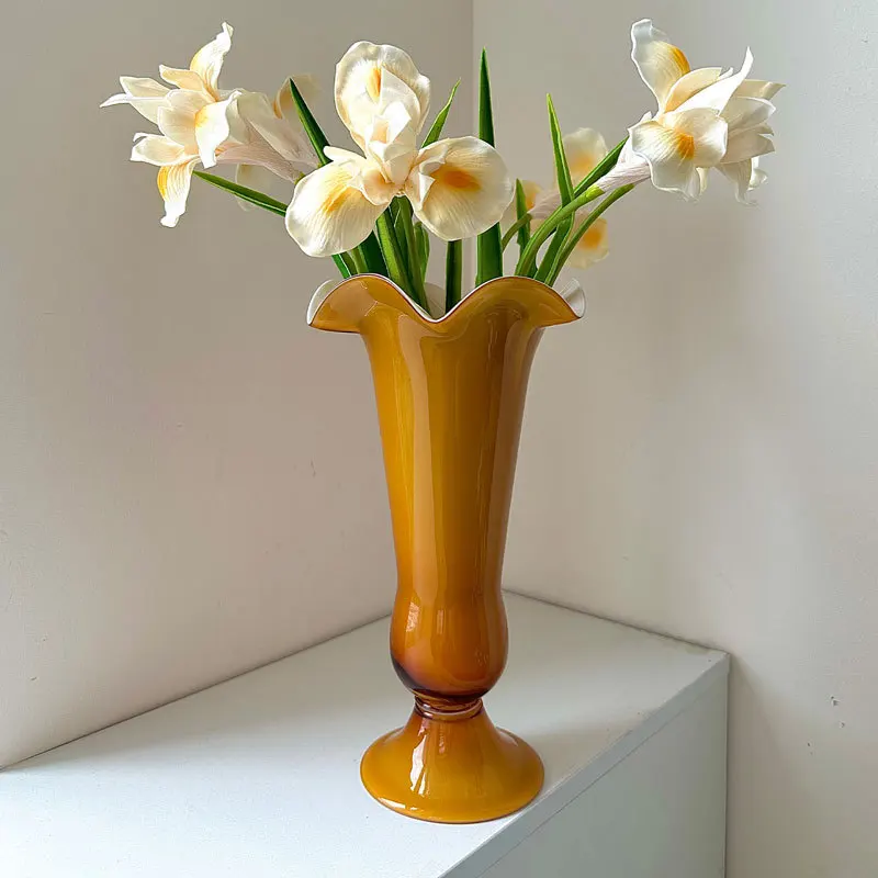 

DSA medieval milk tea brown glass vase flower arrangement niche high-end home decoration ornament simple