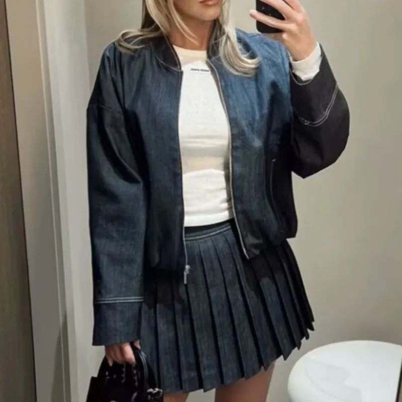 

Bomber Jacket & Pleated Skort Classic Textured Outfit Versatile Daily Casual Sets 2025 Autumn Women's New Denim Two-Piece Set