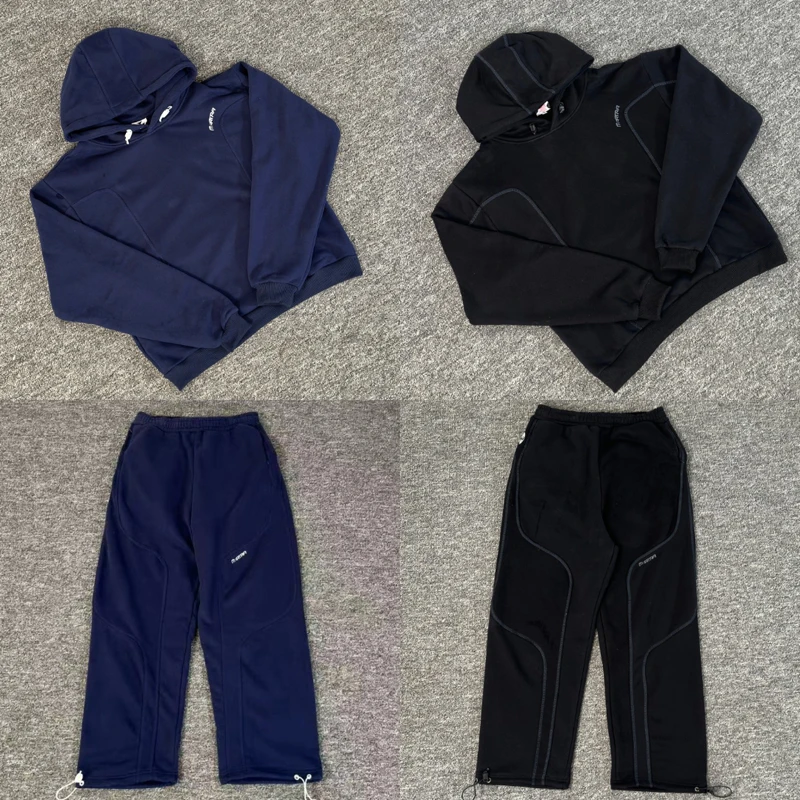 

Classic Navy Blue Hooded Set Mertre Casual Pants High Quality Zipper Pocket Letters Embroidered Fleece Sweatpants