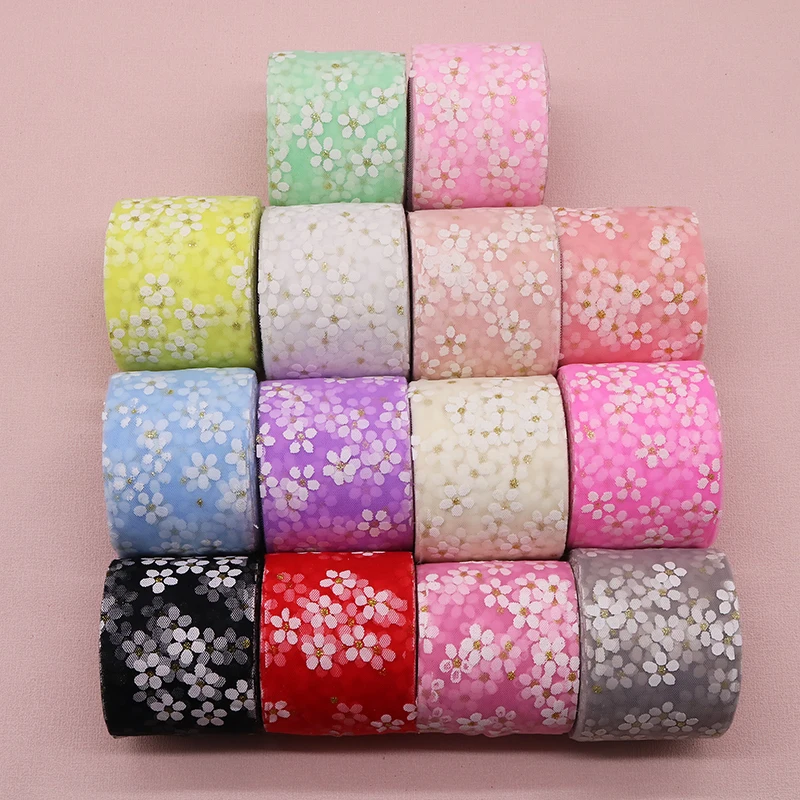 6cm Width 25Yards Daisy Tulle Ribbon Mesh Roll DIY Handmade Hair Decoration Baking Party Wedding Printed Mesh Fabric Supplies