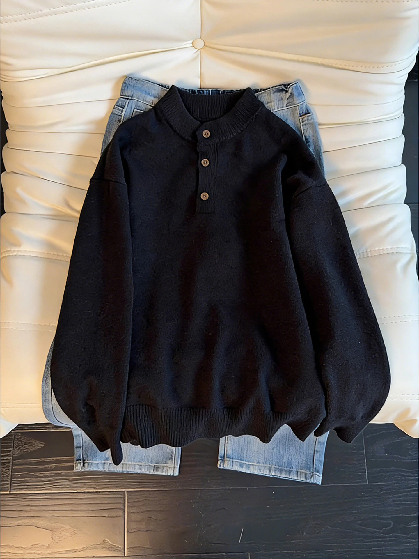 

American Sle Thiened Winter Knitted Sweater Men's Loose Fit Camere Coat with Henry Collar Warm And Comfortable