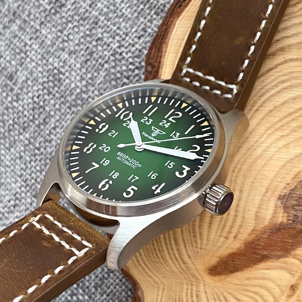 Tandorio Steel Pilot NH35 Dive Watch Men Sandwich Green/Blue Dial 200m Waterproof Wristwatch Steel Band Field Mechanical