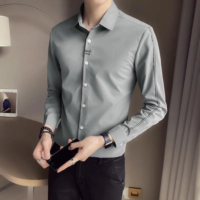 Fashion Lapel Solid Color Button Korean Embroidery Shirt Men\'s Clothing 2022 Autumn New Oversized Casual Tops All-match Shirts