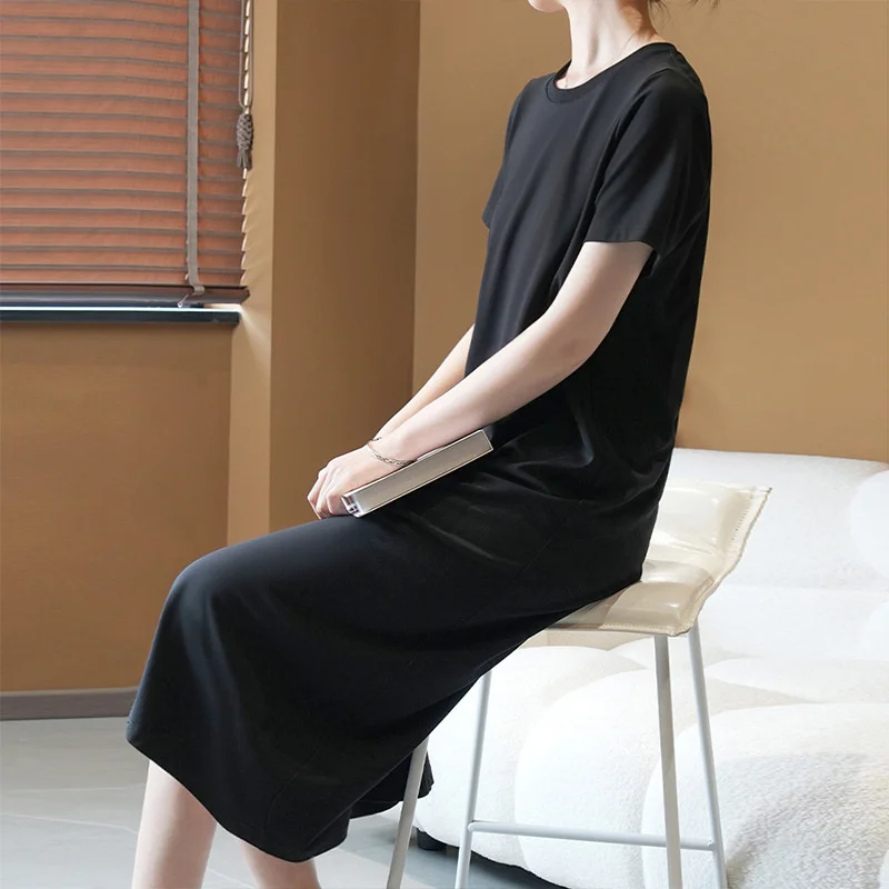 French Senior Casual Black Dress Female 2023 Summer New Loose Temperament Slim Simple Generous Long T-shirt Skirt Solid Color X4