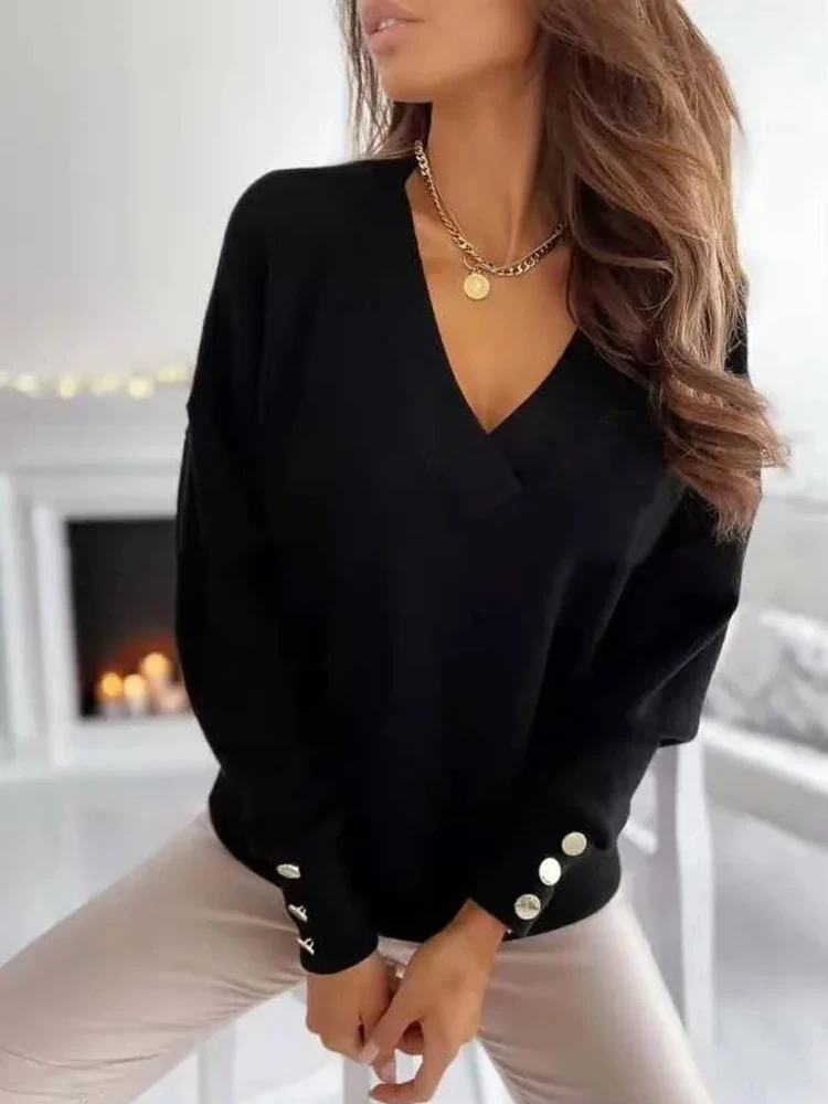 الخريف/الشتاء سترة طويلة الأكمام موضة الخامس الرقبة زر فضفاض مكتب سيدة محبوك القمم عادية بلوفر مغزول البلوزات 12827