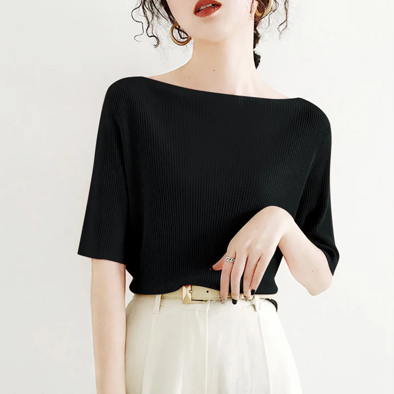 

Ice Silk Knitted Top Summer Faion Simple Soft Pink Loose Versatile Outerwear T-irt One-oulder Inner Wear Casual Commute...