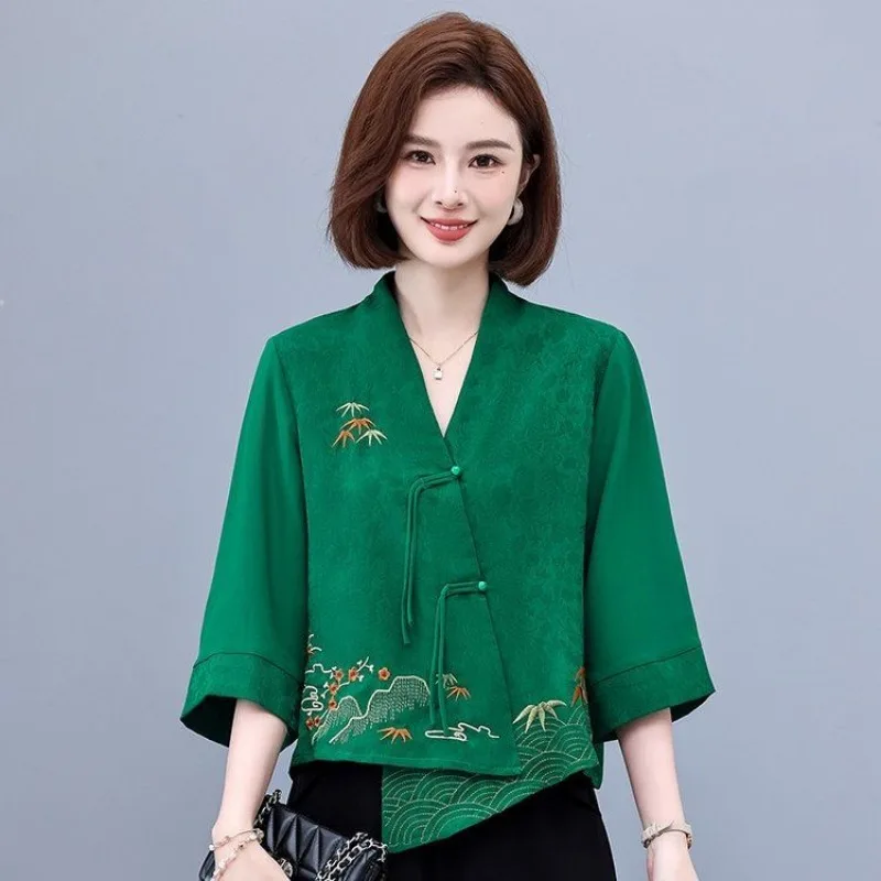 

Рубашка с китайской вышивкой, женское свободное пальто, топ три четверти, модный элегантный топ с растительным цветочным принтом