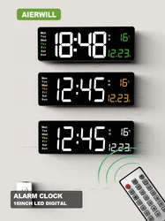 16inch Digital Wall Clock Large LED Alarm Clock Remote Control Date Week Temperature Clock Dual Alarms LED Display Clock