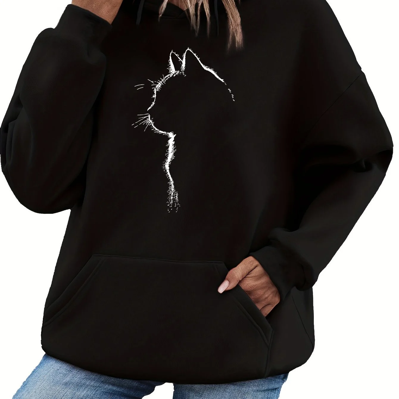 Women's autumn and winter warm, loose, casual, personalized cat pattern printed velvet long sleeved hooded sweatshirt