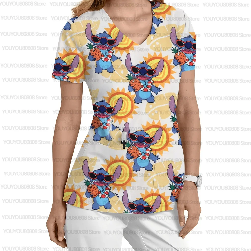 

Disney Medical Tunic Heart Print Short Sleeve Tee Women Work Clothes V Neck Top Nurse Uniform Tshirt woman clothes