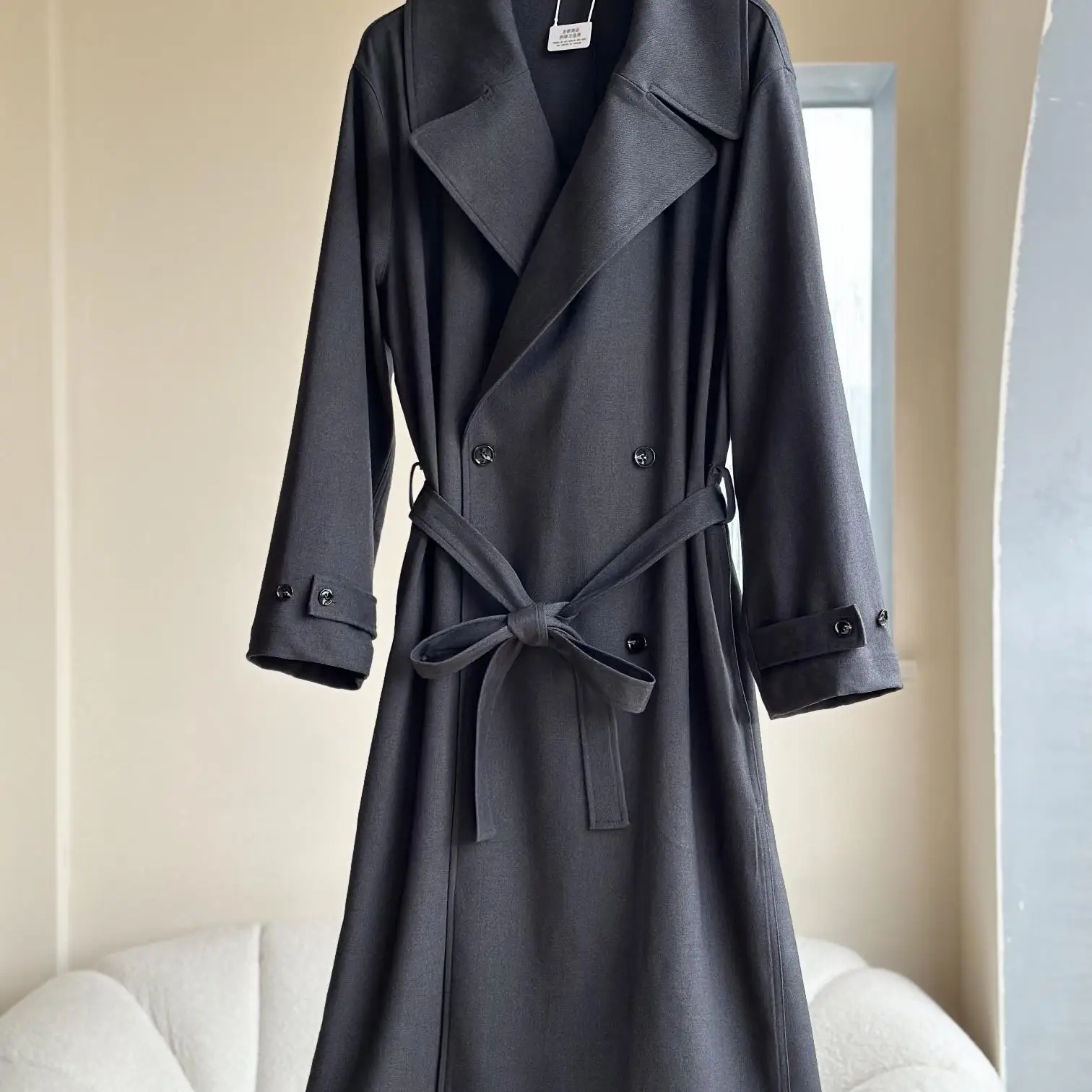

L8300 Zhouyu Tong Deep Grey Mixed Long Double-Breasted Belted Coat Shape Women's Coat Polyester Wool Blend Long Coat
