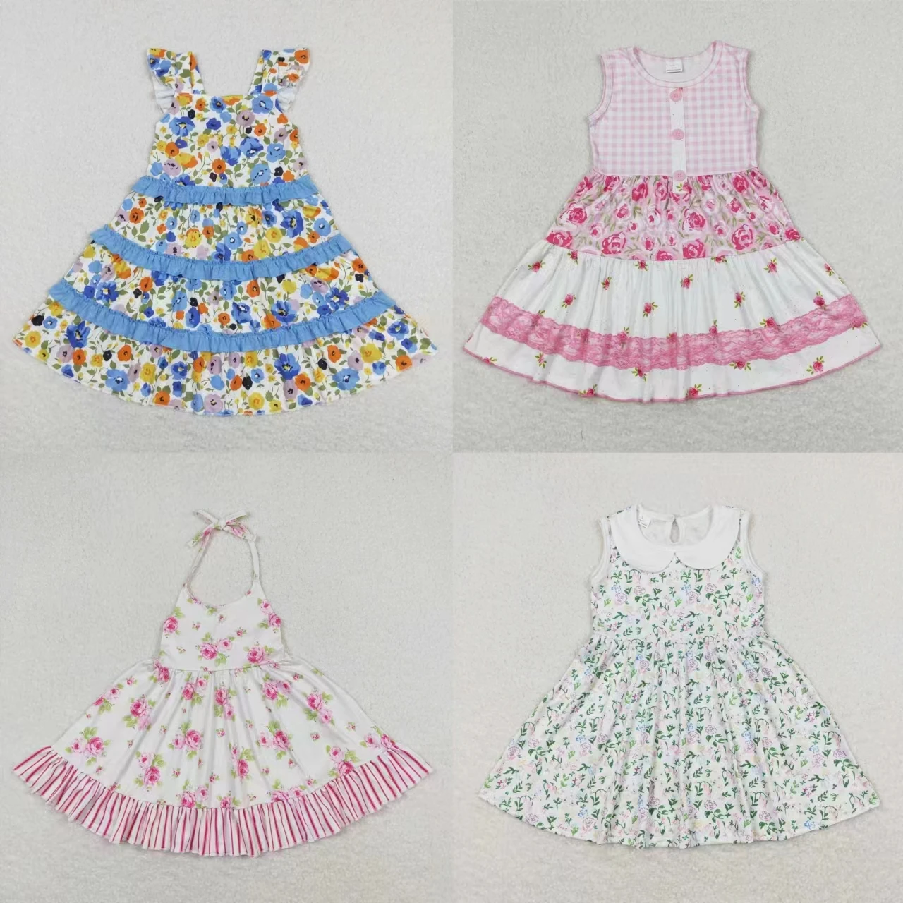 Wholesale Toddler Knee Length One Piece Baby Girl Summer Sleeveless Ruffle Floral Twirl Dress Kids Children Flower Clothing